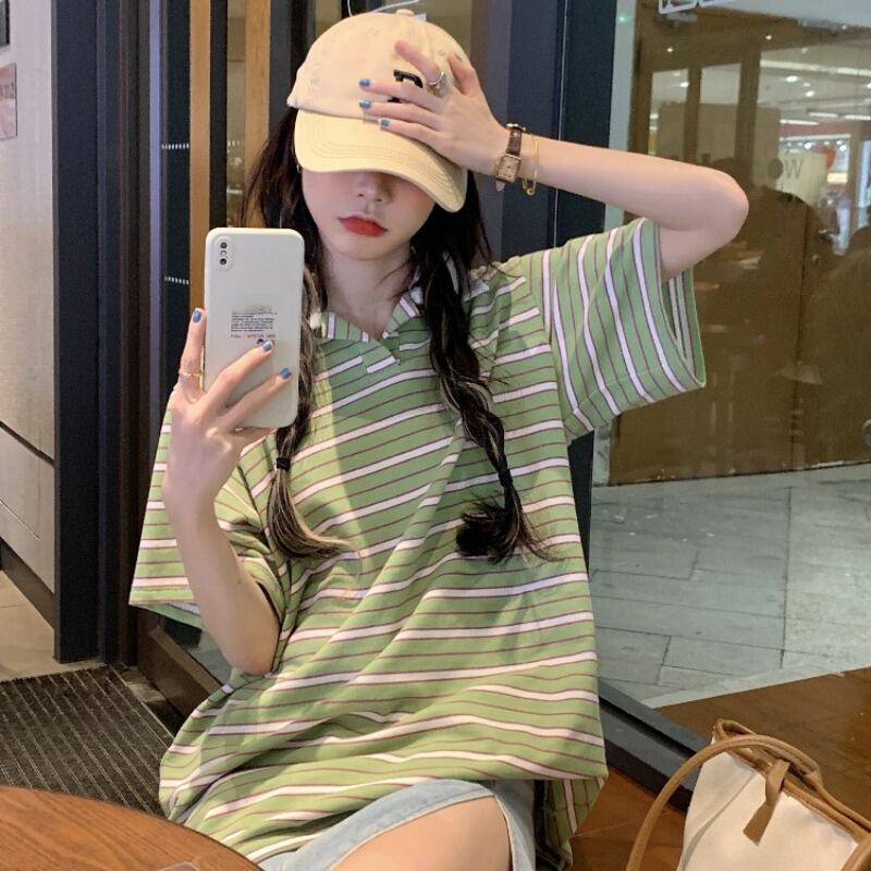 カラーストライプTシャツ サマー薄手スタイルルーズトップス 夏物 ブラックストロベリース87736963126