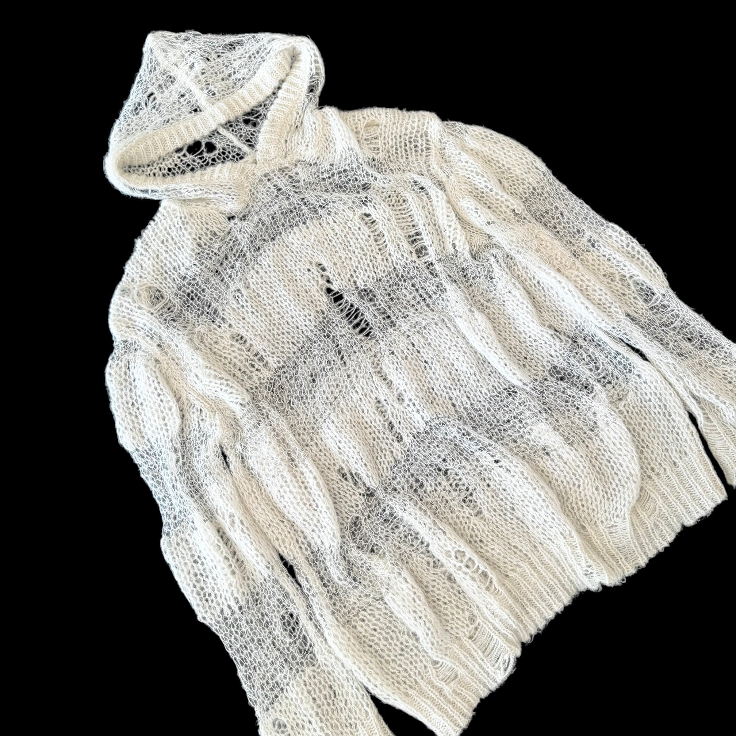 ダメージニットフーディー　WHITE