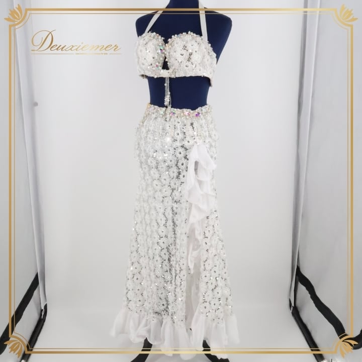 ベリーダンス オリエンタル 衣装 上下セット ホワイト系 白 シルバー