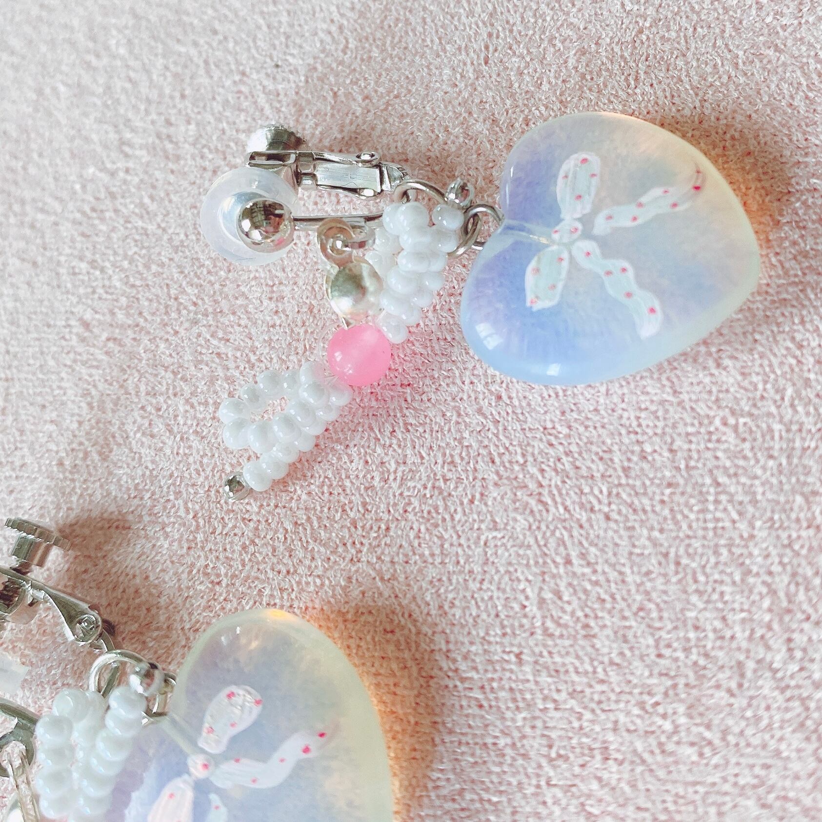 天然石×handpaint リボンリボン耳飾り