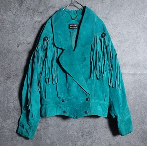 Emerald Blue Fringe Design Short Leather Jacket
