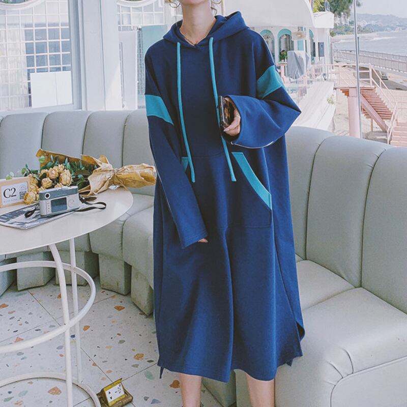 Two-Tone Sporty-Chic Side-Slit Hoodie Gown S0336