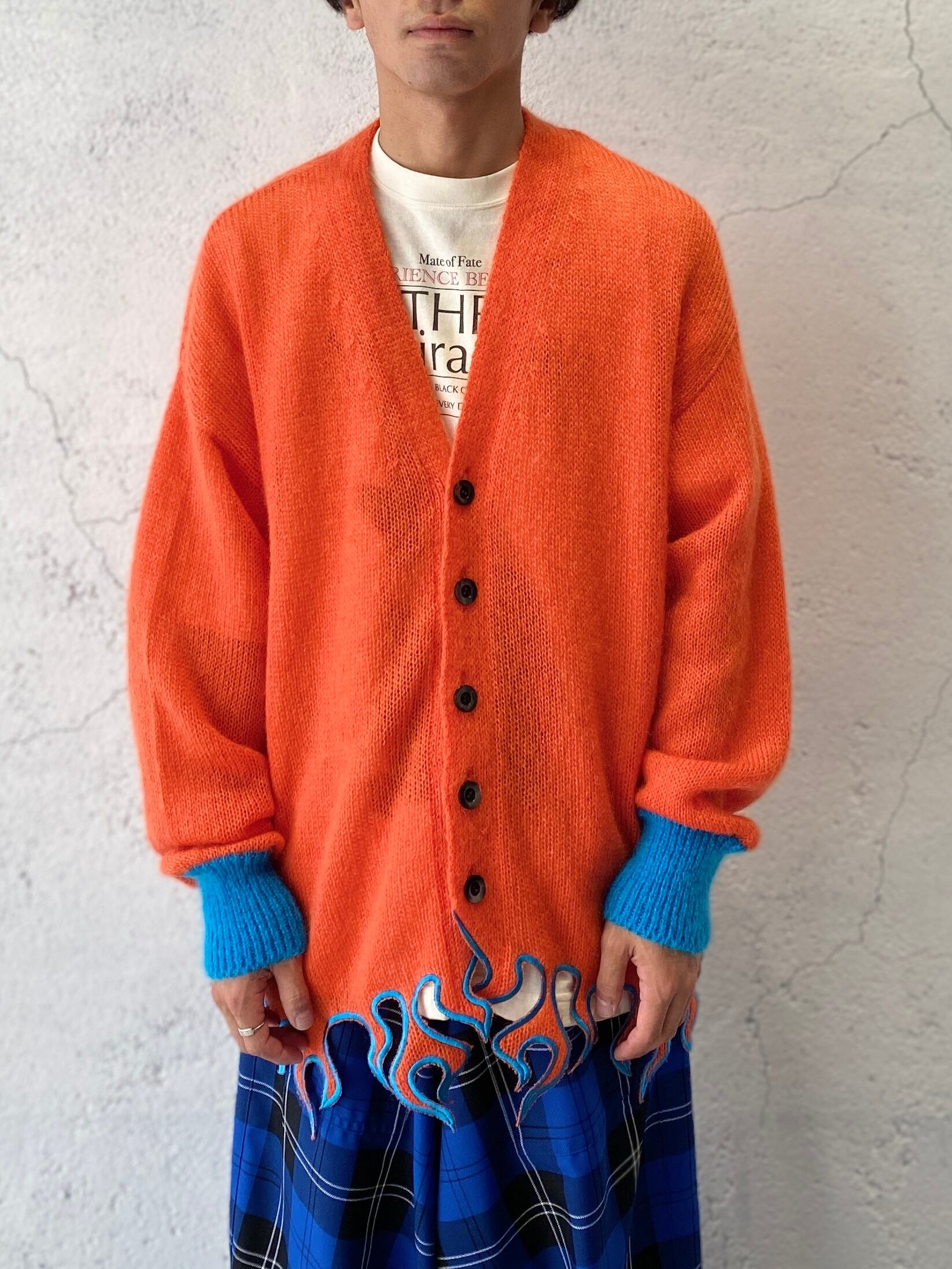 TENDER PERSON / HEM CUT EMBROIDERY MOHAIR CARDIGAN / ORANGE | ふぁいん