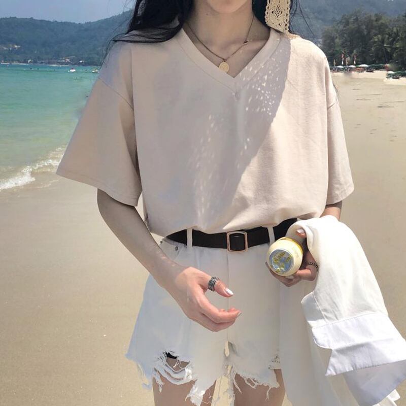 新しいルーズファッションオールマッチカジュアルスリミングネットレッドVネック無地半袖Tシャツレディーストレンドの2020年夏バージョン YY-ファッション43370904770