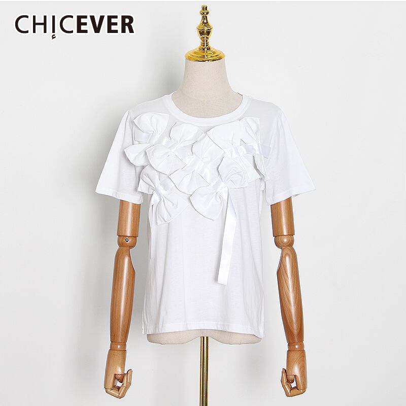 CHICEVERパッチワークボウノットレディースTシャツOネック半袖ルーズサマーシャツ2020タイド ショート リボン ハーフスリーブ 夏物 6base557534204868