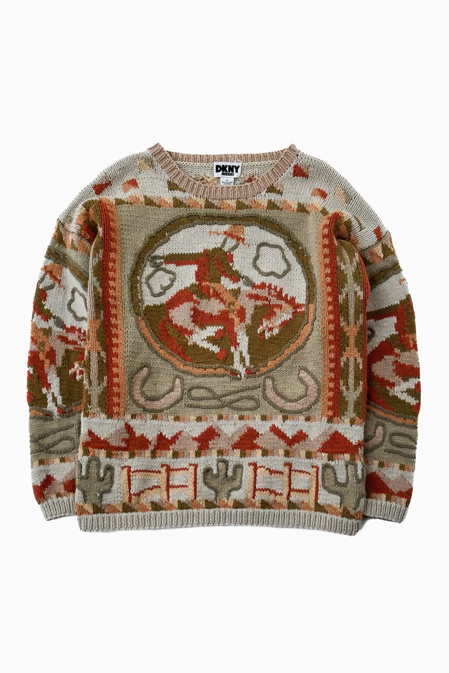 DKNY JEANS 肉厚 ローゲージニット カウボーイ＆ロデオ柄 ウエスタン