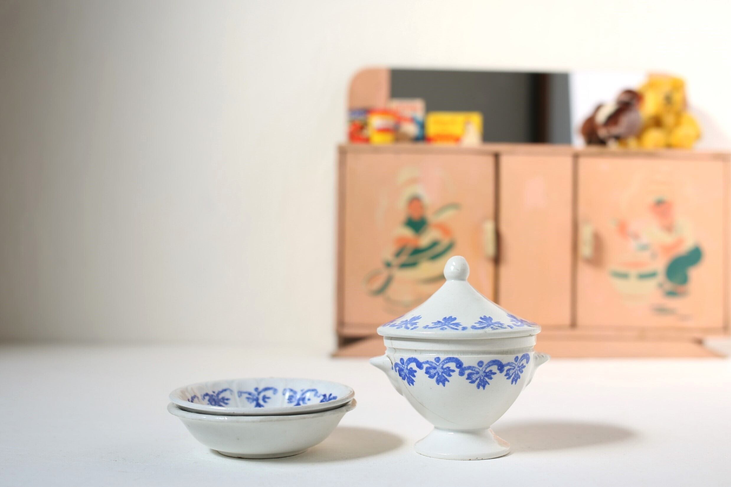 フランス アンティーク 陶器 dinette ままごと用 3点セット (スーピエール+深皿2枚) N-04561