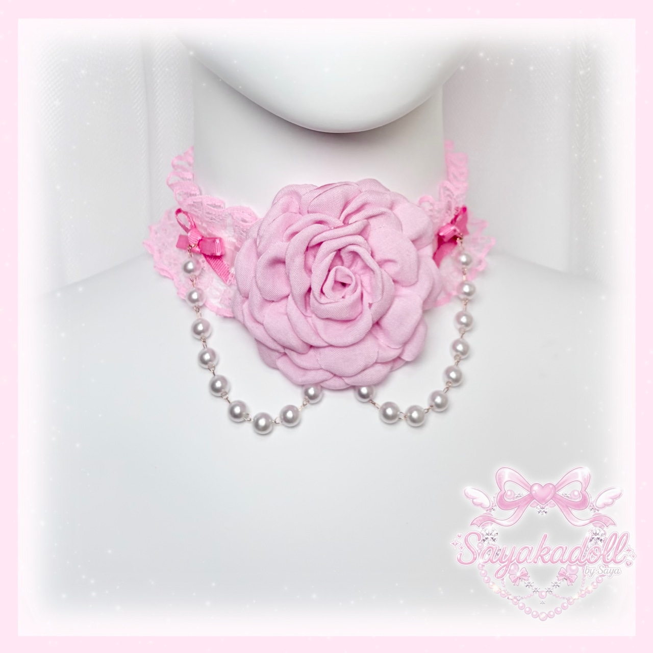 ♡ 姫GAL パールチェーン 薔薇モチーフ フリルチョーカー vivid pink ♡
