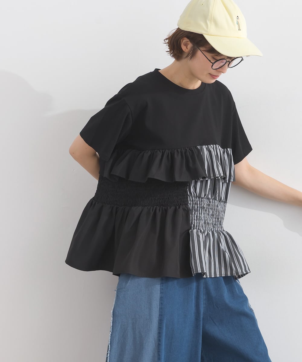 D262168 異素材切替フリルペプラムプルオーバー / Mixed Fabric Frill
