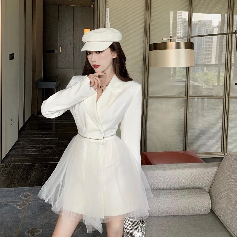 白いスーツの襟のドレス秋の長袖メッシュステッチショートスカート2020新しい妖精の気質の薄いスカート ブラックストロベリース57160033601
