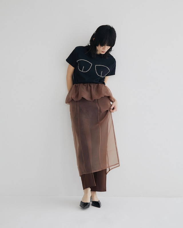 Sheer Puff Waist Skirt(BROWN)