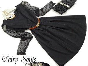 ★送料無料★11号(L)☆透けドット柄袖フレアラインのワンピ－ス[OPN7624]