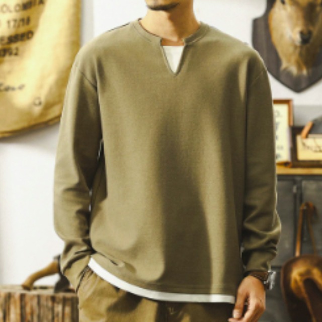 Key neck vintage  two piece long t shirt ( 2color )