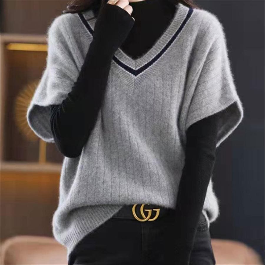 トップス 4色 ベスト 袖あり 半袖 Vネック プルオーバー オーバーシルエット バイカラー ニット 69d226e3f204fb36327317ecda9023