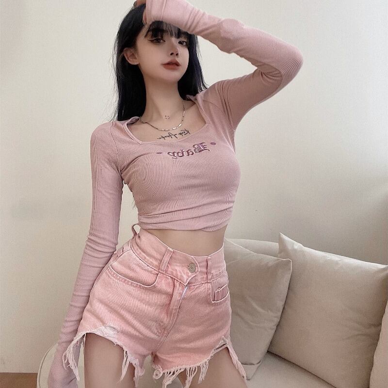 サマースタイルスリムハイウェストウェストショーツ カラー刺繍Tシャツ レディース ロング ピンク 夏物 ブルマー スクウェア YY-ファッション44914459398