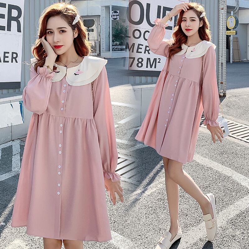 【新作】【送料無料】 マタニティウェア2020秋と冬の新しいシフォン刺繍人形の襟のドレス、年齢を減らすミドル丈のファッションマタニティドレス-アリババ レッド オータム 秋物 ウィンター 冬物 expec218560577615