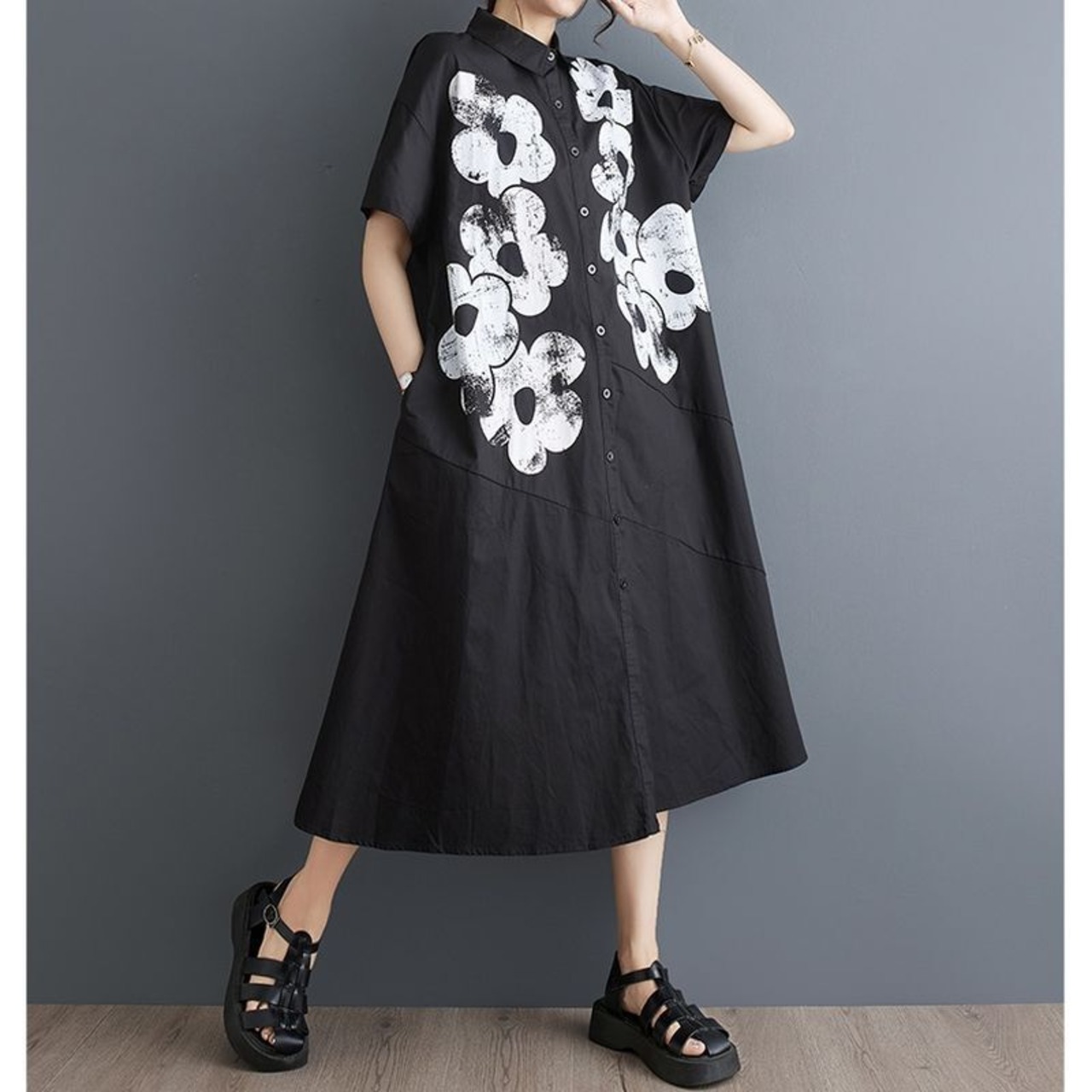 モノクローム フラワー シャツワンピース  30094