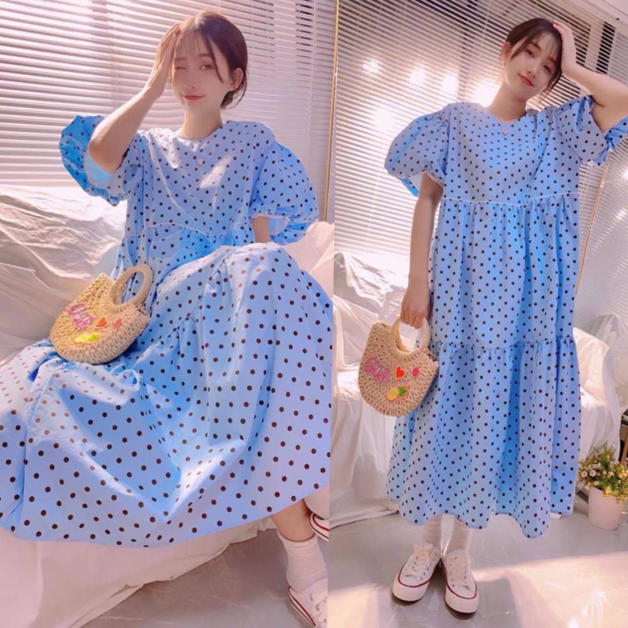水色 水玉 ドット ワンピース ゆったり マタニティ | LOVEYsmileSHOP