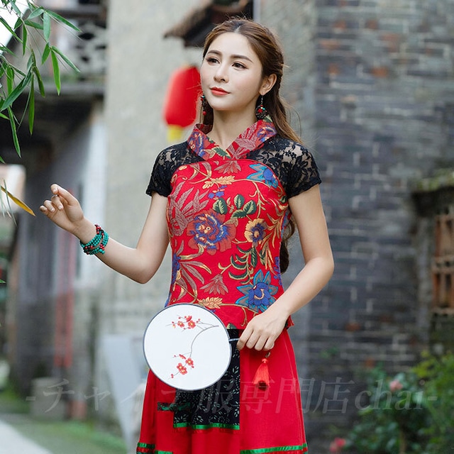 チャイナ服 トップス レース 半袖 花柄 カットソー チャイナトップス 民族 衣装 上品 本格 普段着 舞台 中国風 Zh272 Chai トップスも普段着も揃うチャイナ服専門店