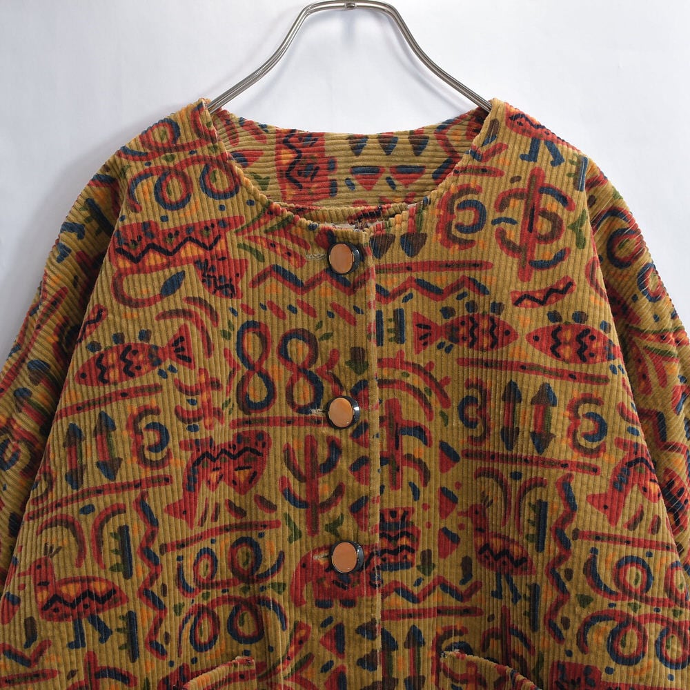 Hand made ハンドメイド デザイン 総柄プリント コーデュロイ ノーカラージャケット ヴィンテージ ブラウン エスニック ビンテージ 古着 レディースXL相当
