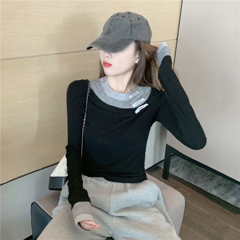 オータムスタイルラウンドネックTシャツ シャツ ロング 秋物 Oネック ステッチ ハンチェンe16597194202