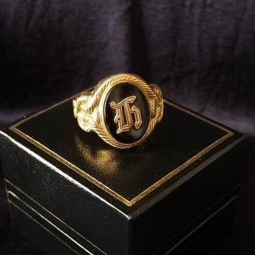 14ct Onyx on Rolled Gold「H」Initial Ring