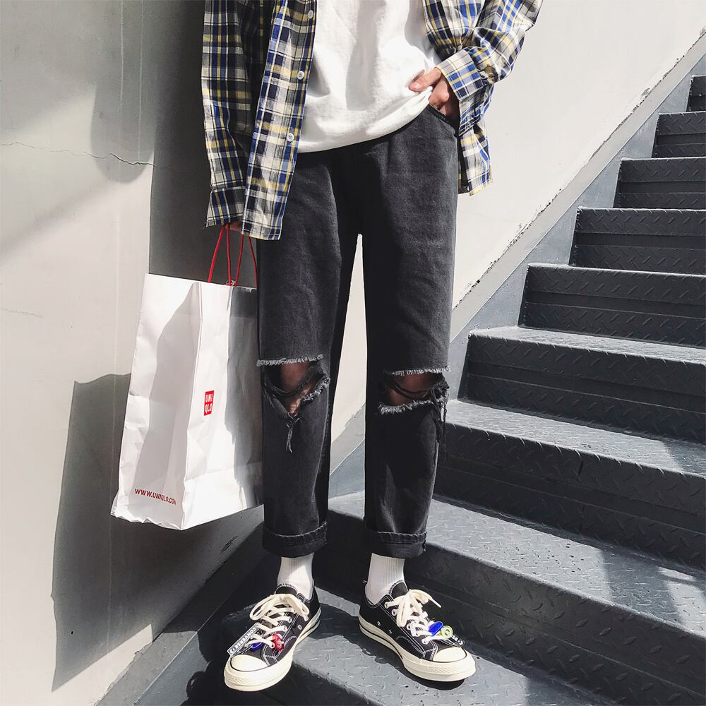 全2色 デニム パンツ ストレート カジュアル ダメージ 無地