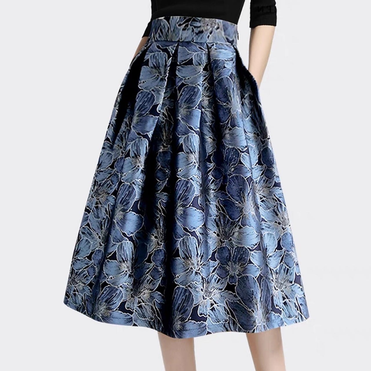 【S-2XL】ブルーフラワー エレガントスカート