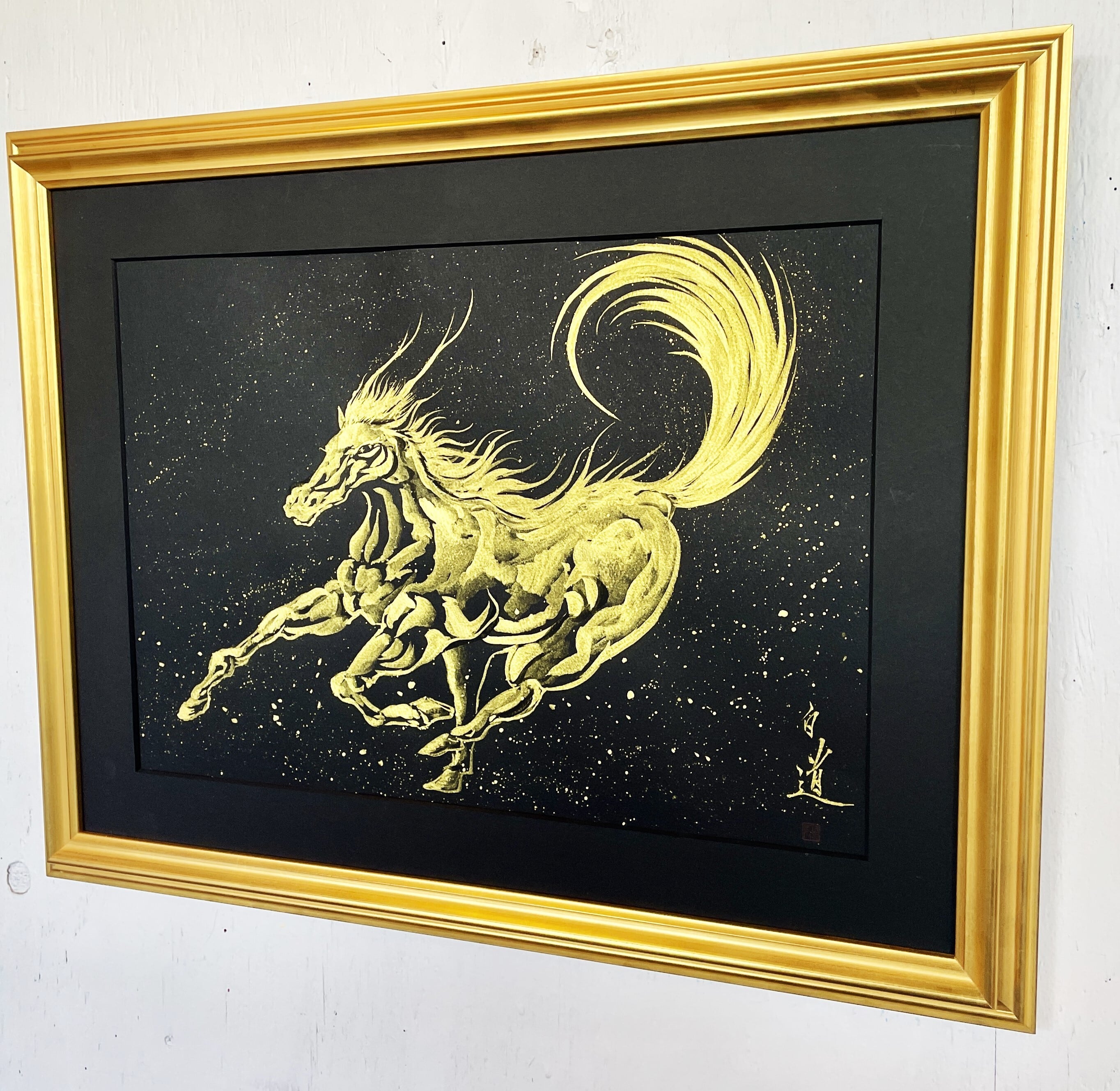 現代水墨画家 絵師白道 「龍馬」（黒金） 直筆作品 証明書カード付 龍