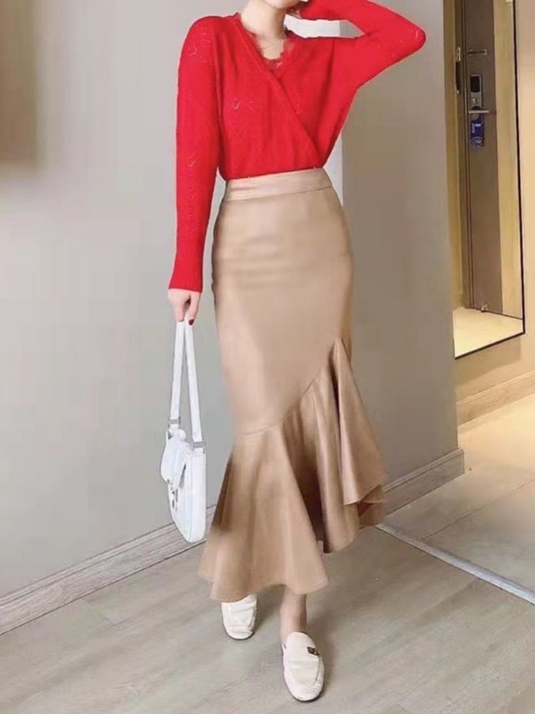 簡単今っぽスタイリングが完成 モードマーメイドスカート 美ライン フェミニン シルエット デートコーデ 細見え 大人かわいい 大きいサイズ 韓国 CH10190