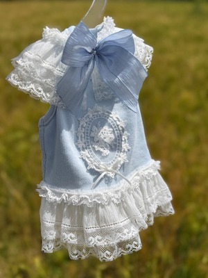 即納販売　MAMU　Mellow cotton dress+cape （Blue） ドレス　同色リボンブローチ/ケープ付き （ブルー）韓国犬服　MAMU
