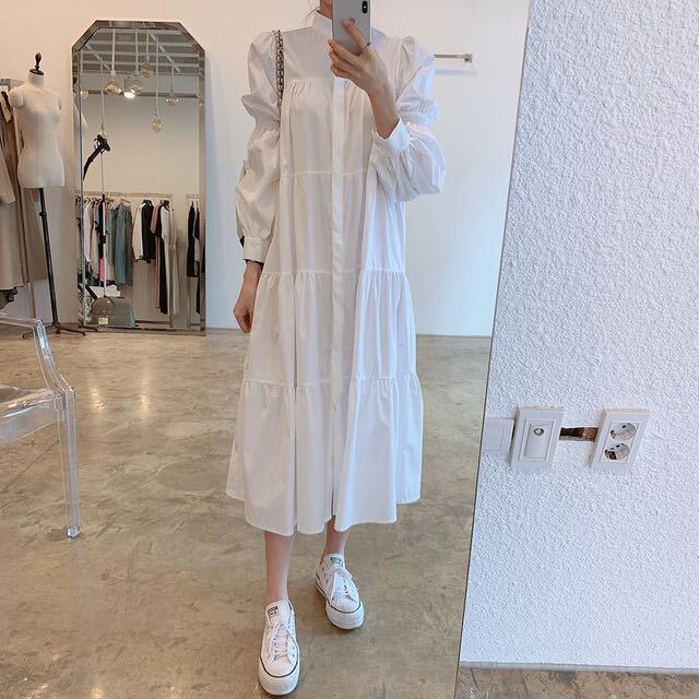 ワンピース レディース シャツワンピース ロングワンピース ミモレ丈 ロング丈 スタンドカラー 長袖 フリル ティアード 黒 ブラック 白 ホワイト 大人可愛い きれいめ 上品 エレガント フェミニン おしゃれ お洒落 お嬢様 ラブリー キュート ガーリー レトロ 華やか 無地 通学 デート お出かけ 女子会 休日 散歩 カフェ巡り 街歩き 春 秋 冬 10代 20代 30代 ワイド ゆったり シック おとな ナチュラル こなれ感 ラフ フリーサイズ 韓国 韓国系 着回し 普段使い 体型カバー 楽ちん