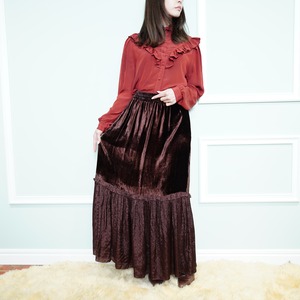 USA VINTAGE Lotus EMBROIDERY VELOUR SWITCHED DESIGN LONG SKIRT/アメリカ古着刺繍ベロア切替デザインロングスカート