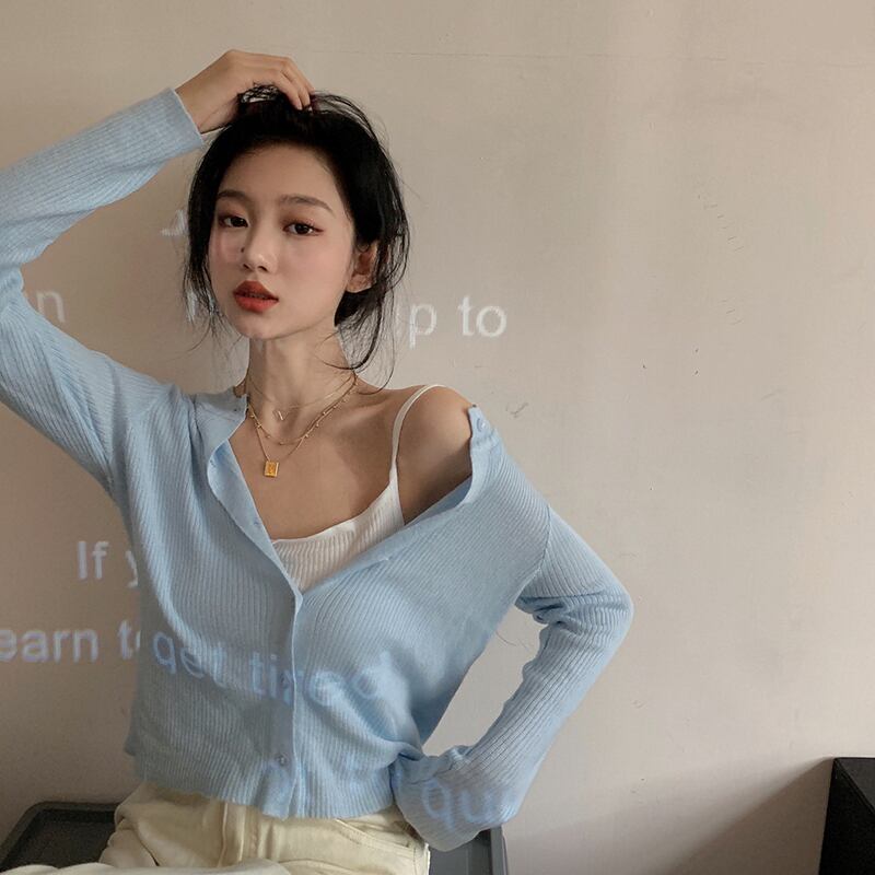 ベビーブルーオールマッチスリム長袖セータートップレディース2020秋新作優しい風アウターカーディガンジャケット ブラックストロベリース41724399642