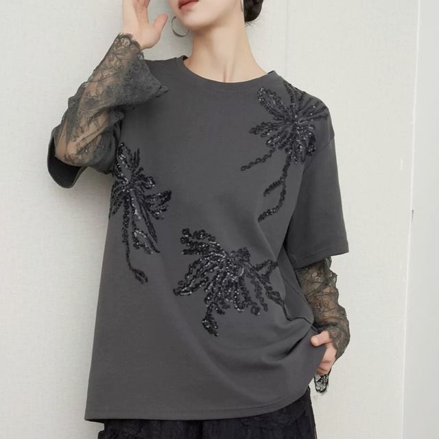 Sequin botanical embroidered T-shirt C1226
