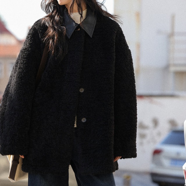 collar leather boa coat　J00239