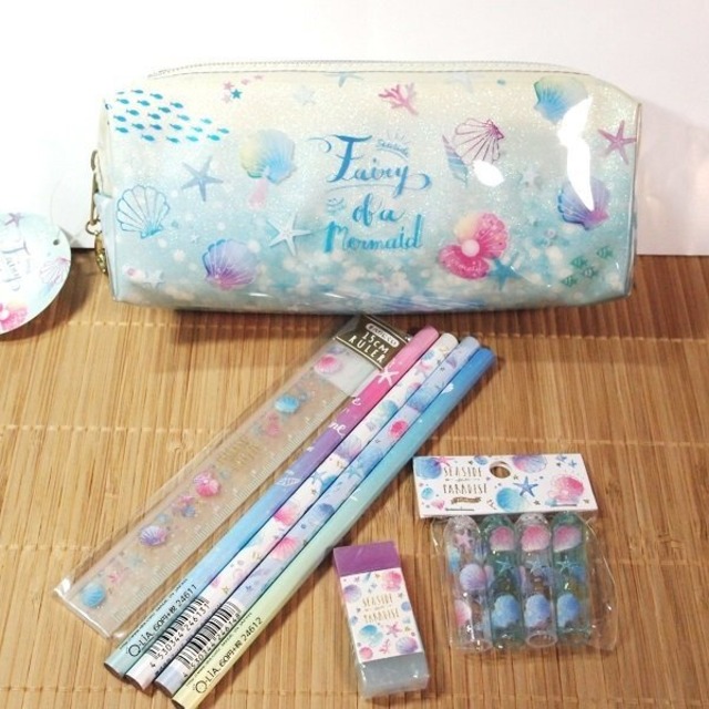 シェル柄 メルティマーメイド ペンケース 鉛筆定規消しゴムなど 可愛い 文具セット 8点 s 筆箱 雑貨のぱんぷきん シェル柄 メルティマーメイド ペンケース 鉛筆定規消しゴムなど 可愛い 文具セット 8点 s 筆箱 雑貨のぱんぷきん