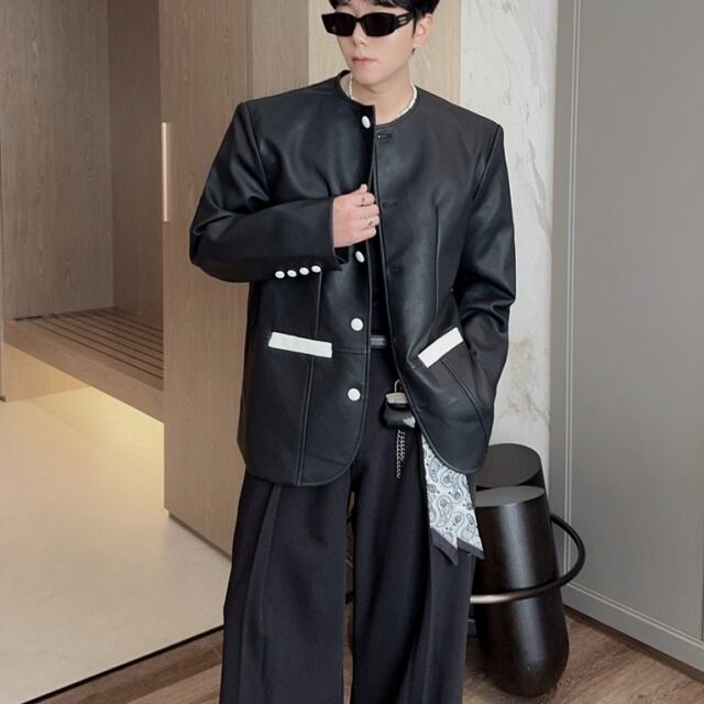 【予約販売】ジャケット レザー メンズ ブラック ショート丈 シック バイカラー ノーカラー こなれ感 お洒落 韓国 トレンド 結婚式 M/L/XL