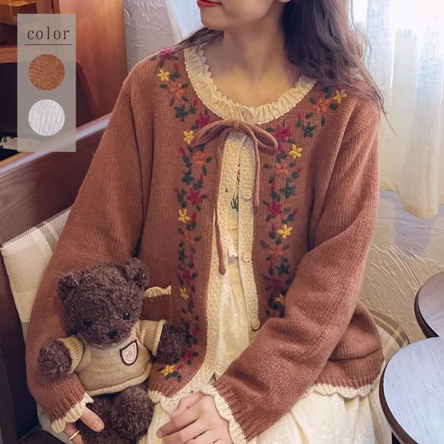 花刺繍リボンセーターカーディガン W0161