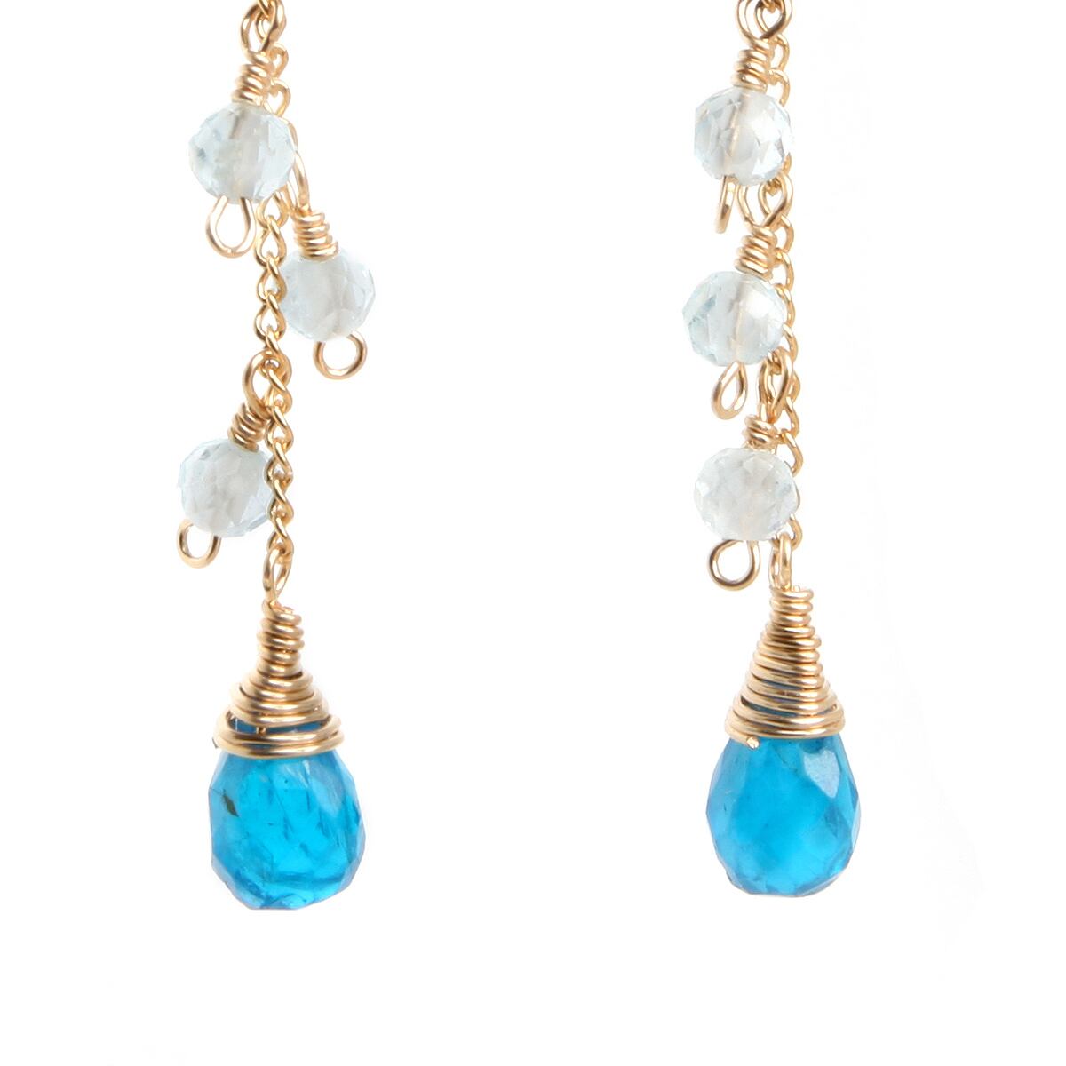 天然石 ロングピアス 恋愛運他 ネオンブルーアパタイトxブルーT 14KGF  