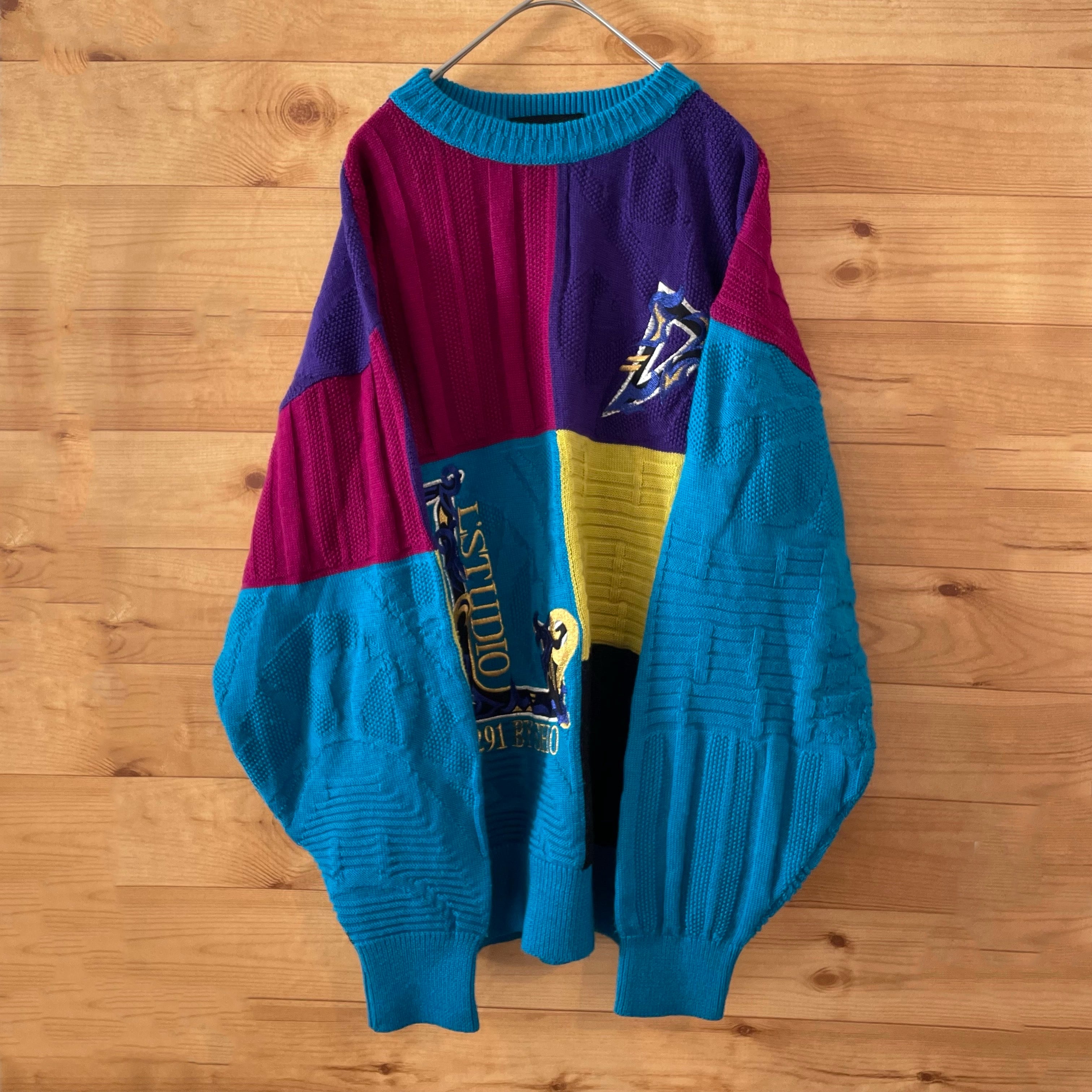 ヴィンテージ ウールデザインニット セーター 刺繍 個性派ニット グレー M