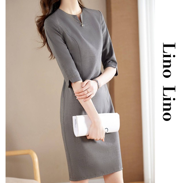 Three-Quarter Sleeve Midi Length Slit Neck Onepierce L00827