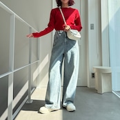 配色ラインリブknit/レッド