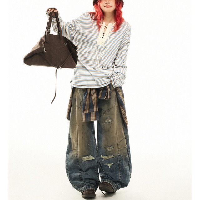 lace-up striped long tee　レースアップボーダーロングティー　J1739