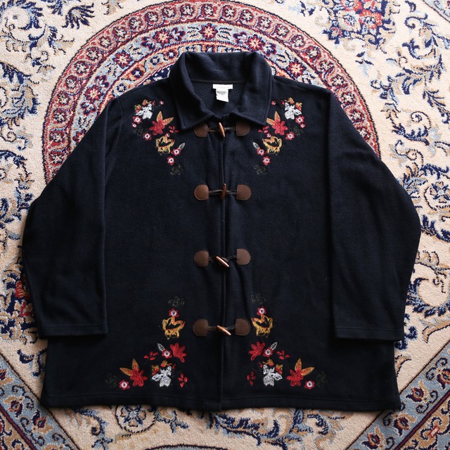 flower embroidery wide silhouette fleece duffle coat