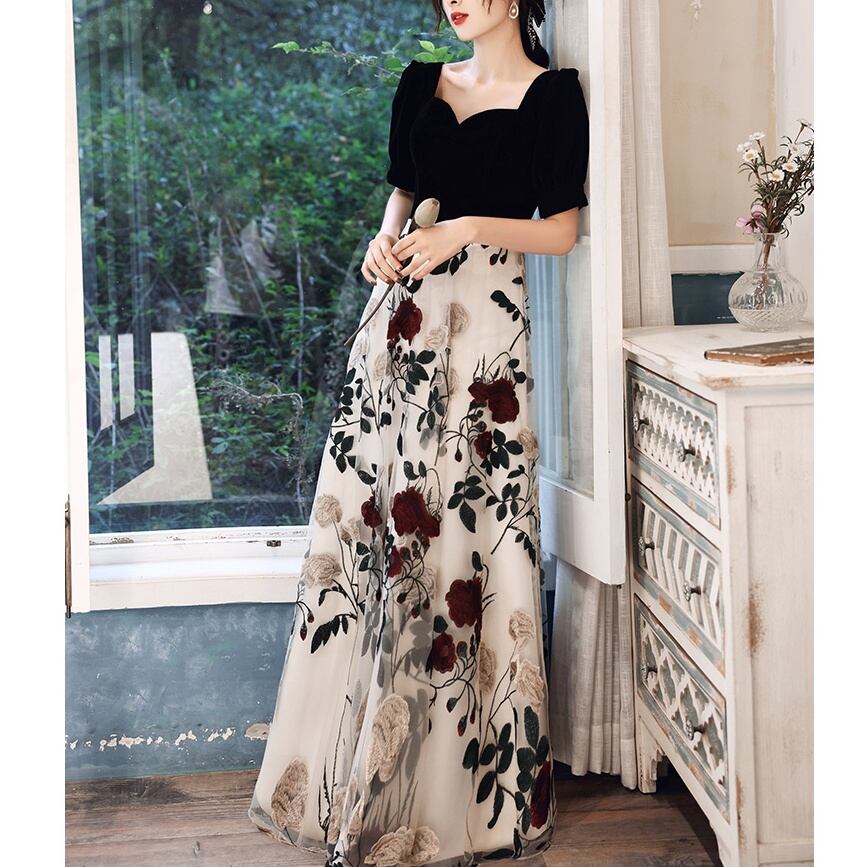 一部サイズ1週間以内に発送】フラワーステッチ ロングドレス