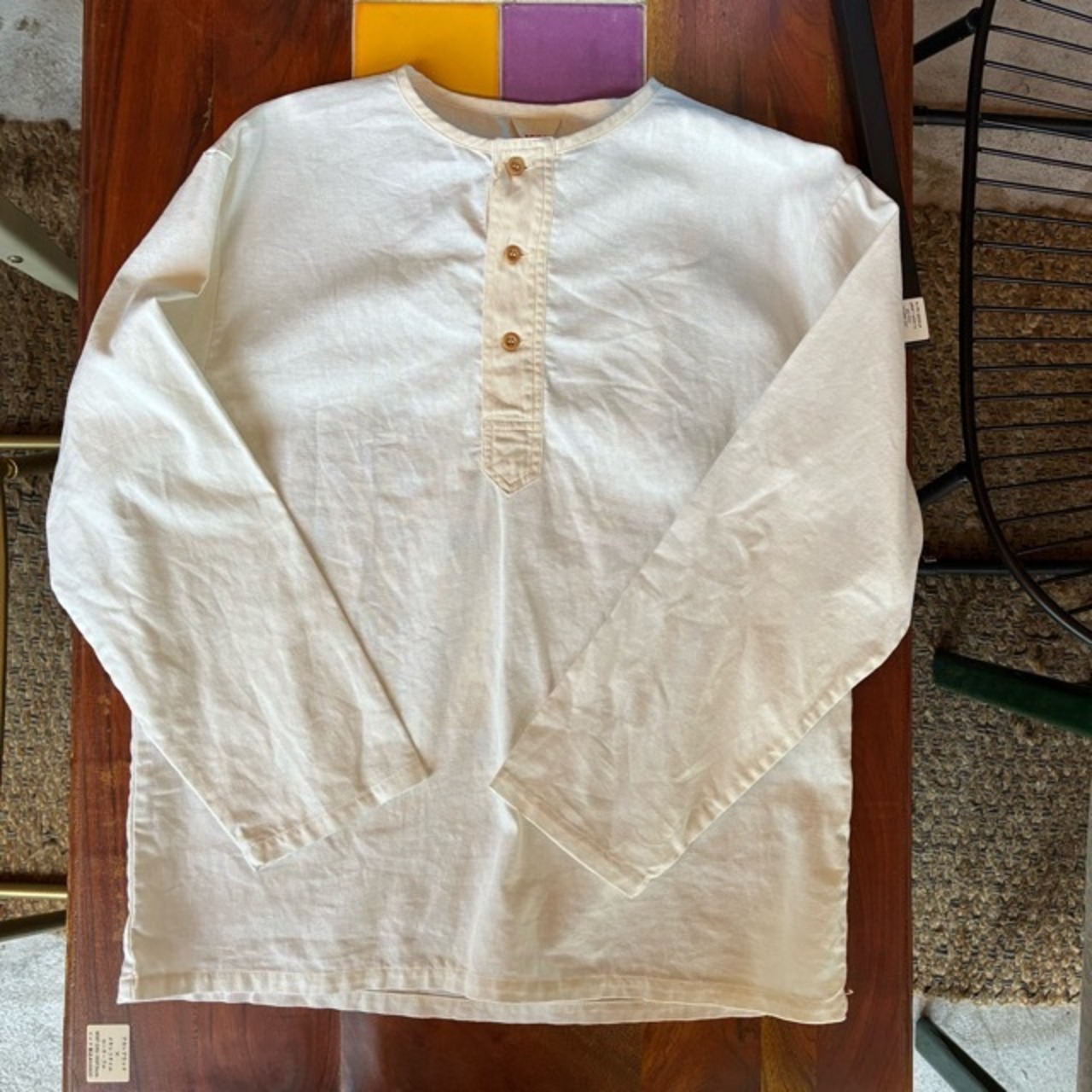 French type Linen cotton Henley shirt L/S White　フランスタイプ　リネンコットンヘンリーネックシャツ　ホワイト　L/S　ファッション　ユニセックス　軍物　フランス軍　ミリタリー　長袖　インナー　ブラウス