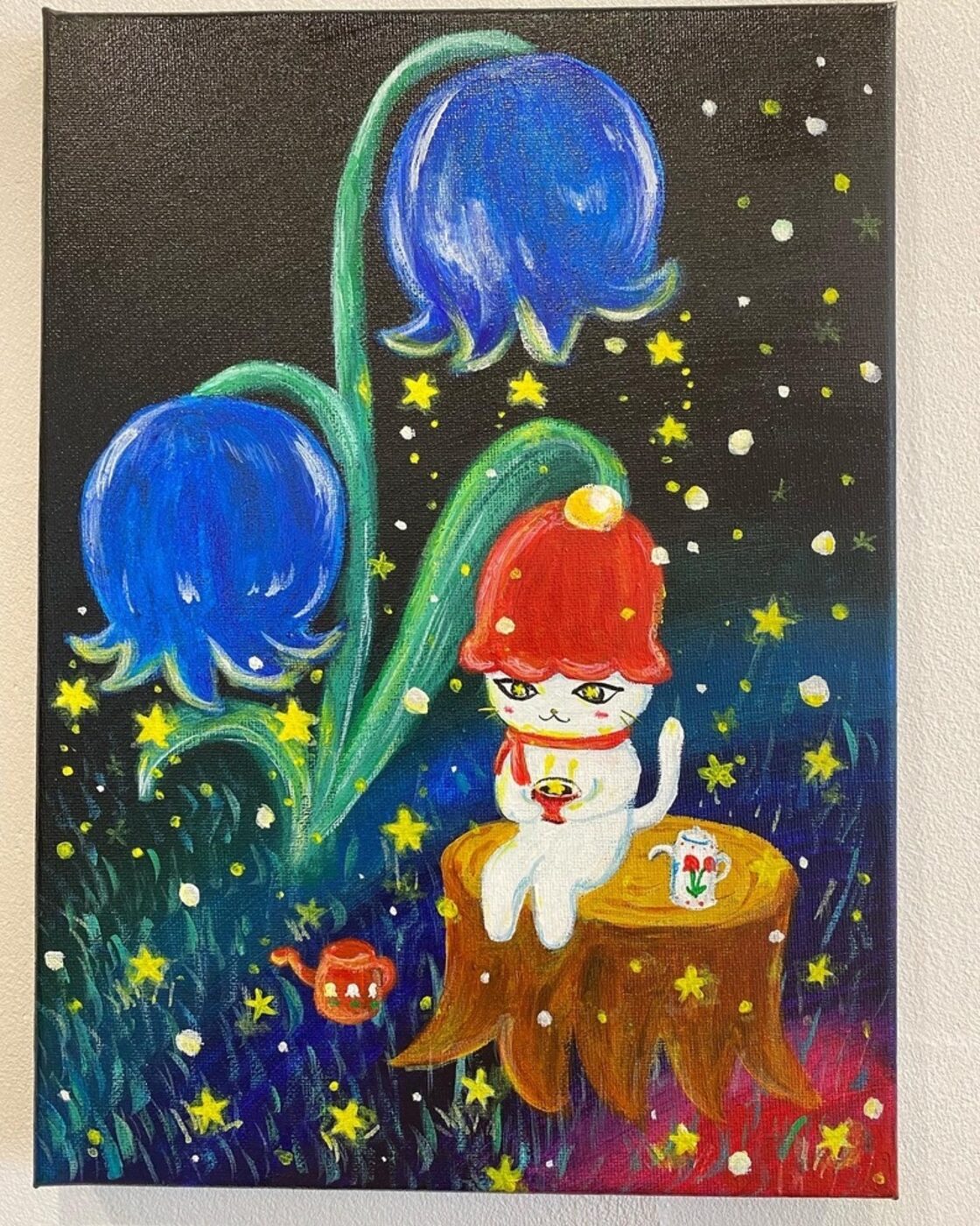 キャンバス アクリル絵の具「星のすずらんとねこちゃん」 すずらん青 