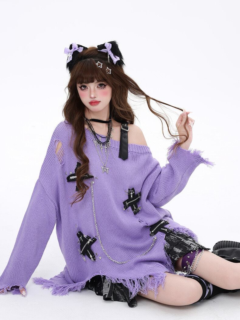 病みかわいい オープンショルダー十字架ニット トップス 秋服 冬服