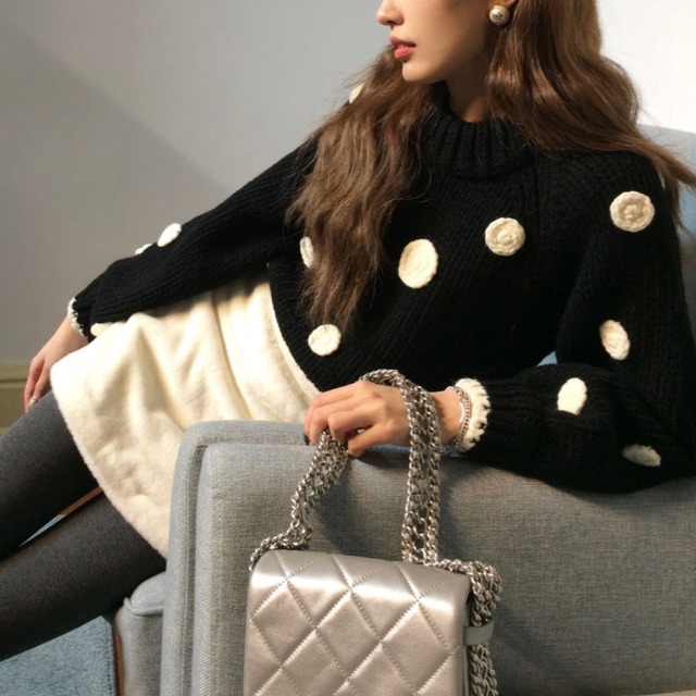 Chic Textured Polka Dot Knit Sweater（ブラック・グレー）